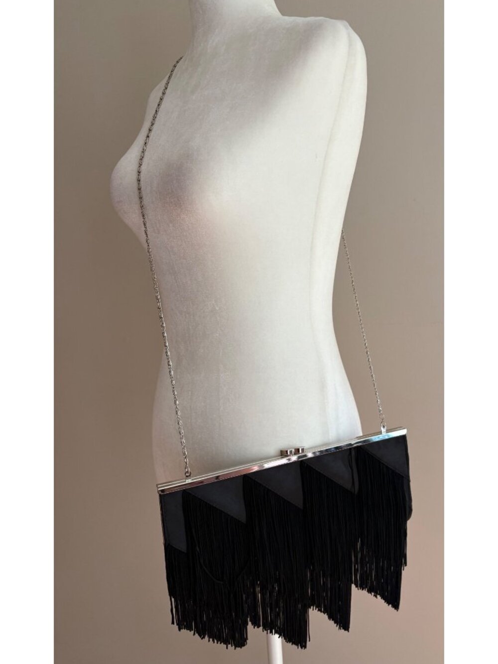 Black Fringe Clutch Evening Bag Convertible Chain Strap Boho Western Glam - Picture 2 of 8